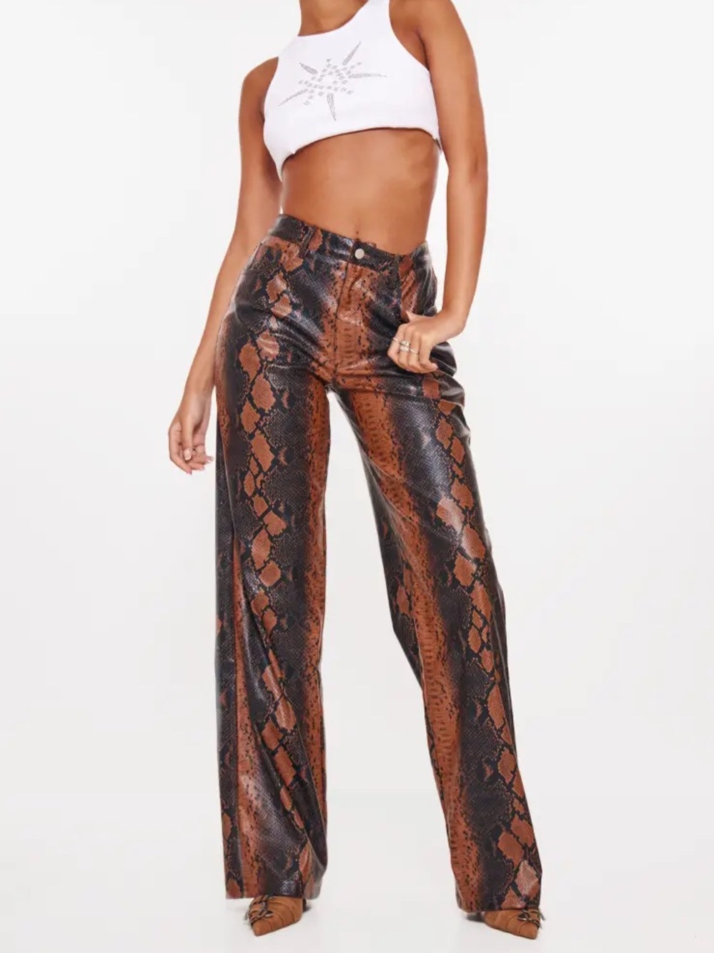 PLT FAUX LEATHER SNAKE PRINT WIDE LEG TROUSERS